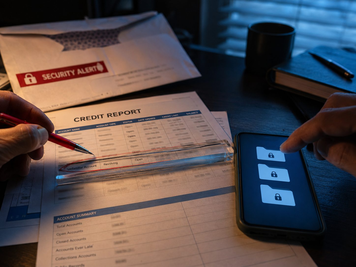 A credit report beside a phone showing a security lock, with a security-alert notice