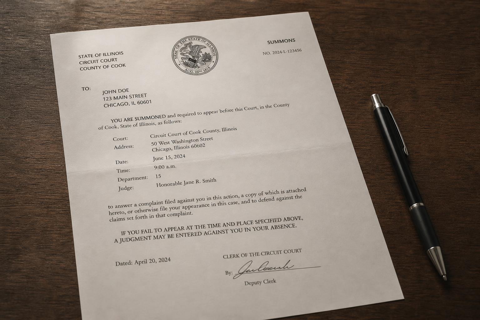 A legal summons document on a desk beside a pen