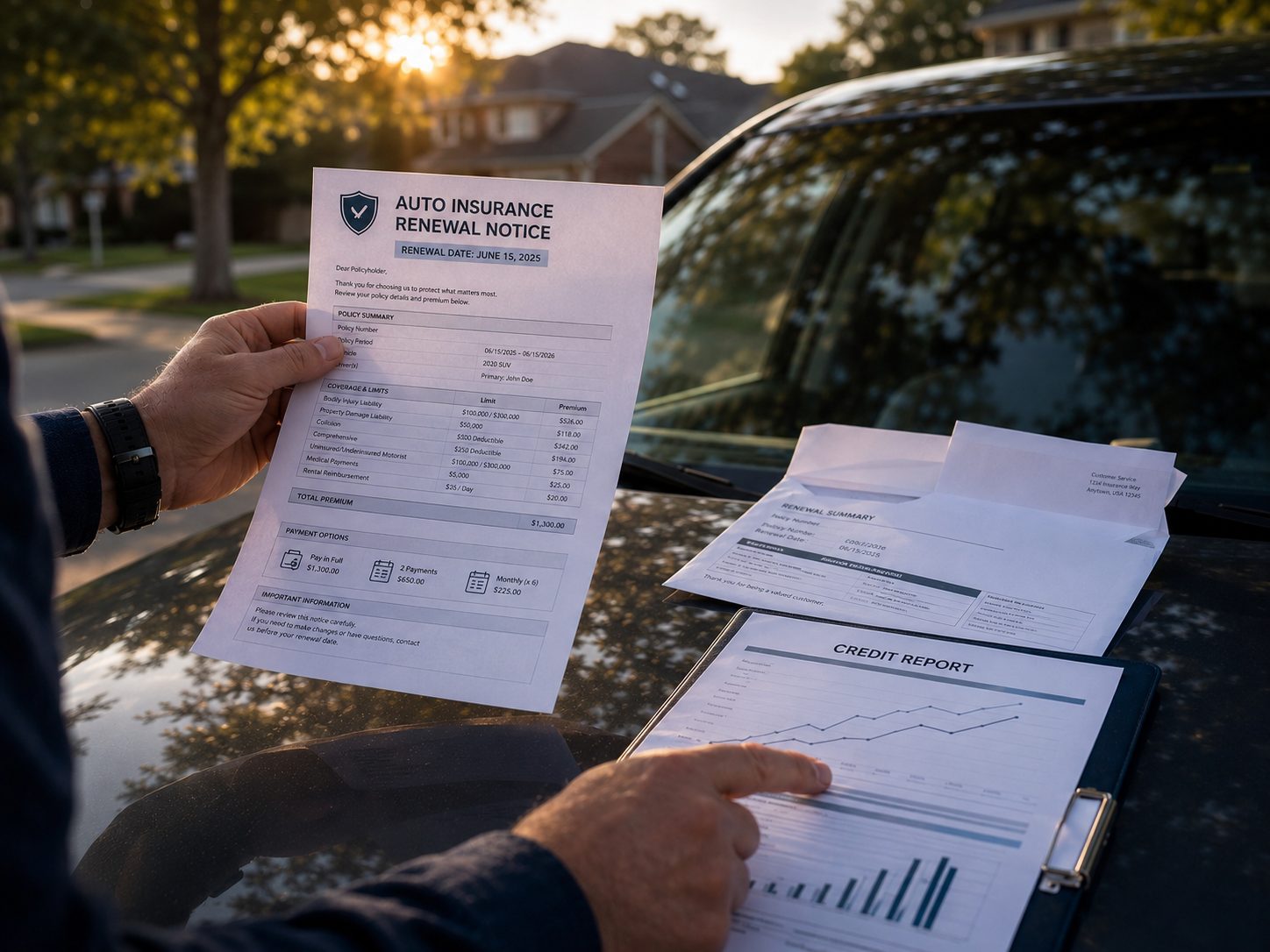 A hand holding an auto-insurance renewal notice beside a credit report on a car hood