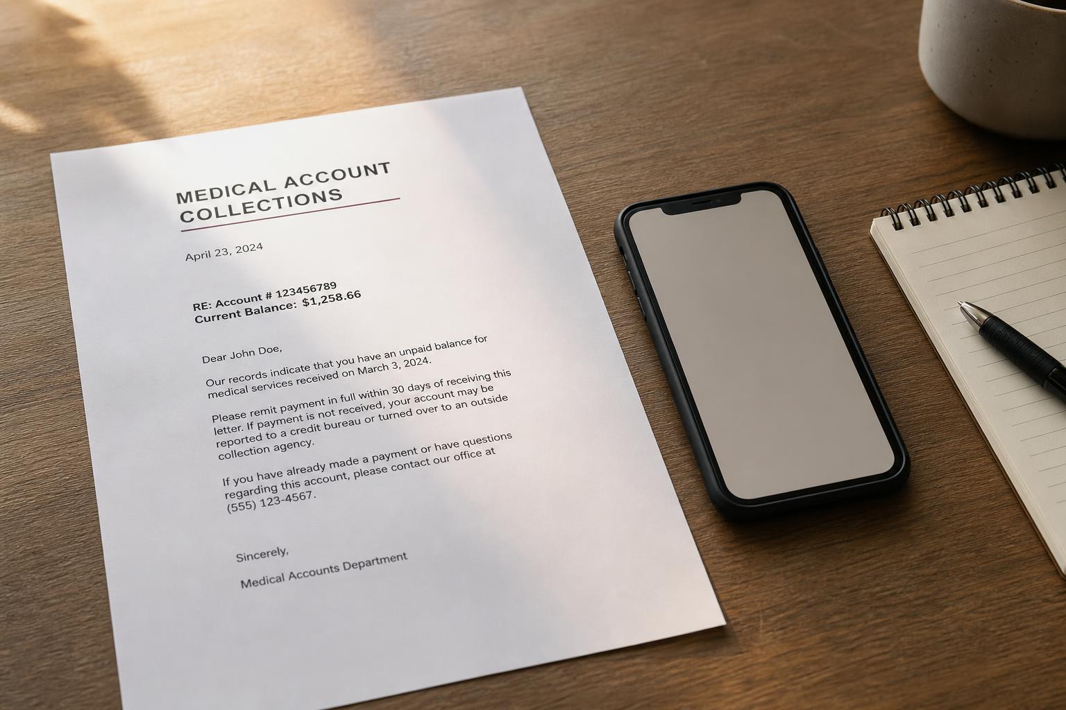 A medical collection letter and a phone on a desk beside a notepad and pen