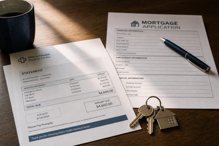 A medical bill, a mortgage application, and house keys on a table