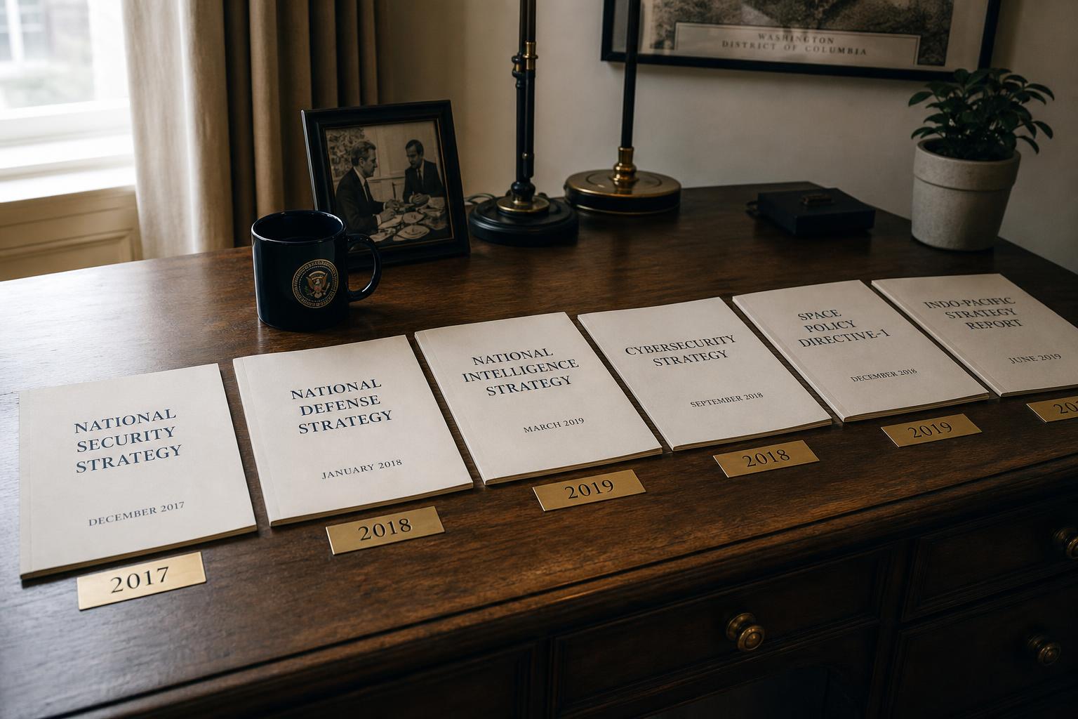 Una fila de documentos de políticas dispuestos sobre un escritorio como una línea de tiempo