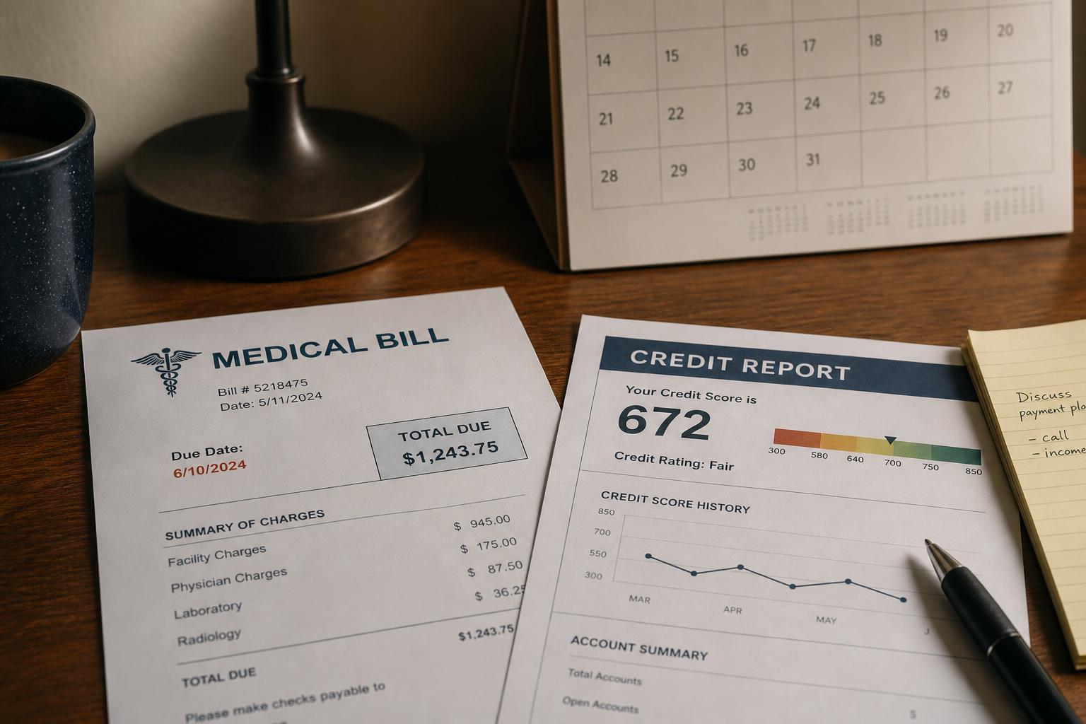 A medical bill and a credit report on a desk beside a calendar