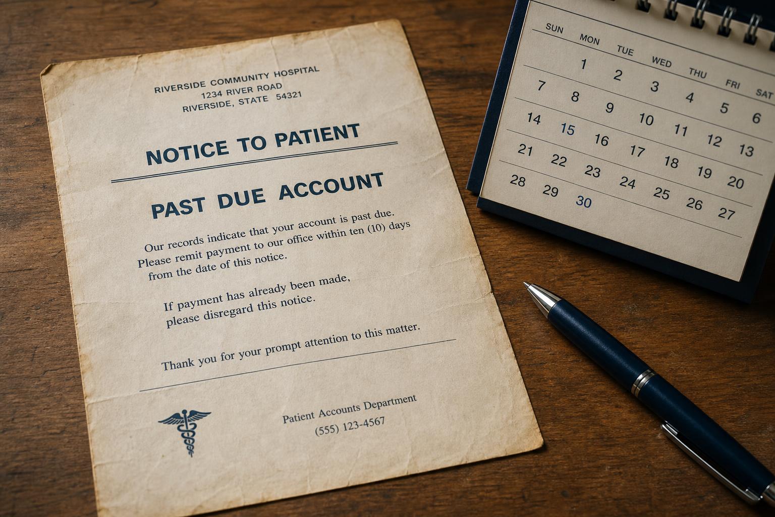 Un aviso antiguo de cobranza médica y un calendario sobre un escritorio con un bolígrafo