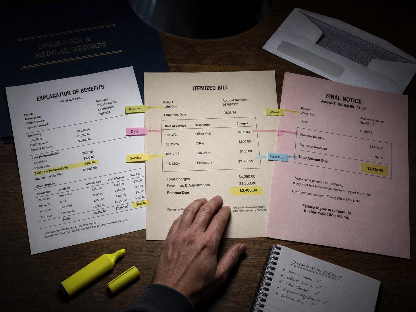 Three stacked medical documents (an explanation of benefits, an itemized bill, and a final notice) with a highlighter