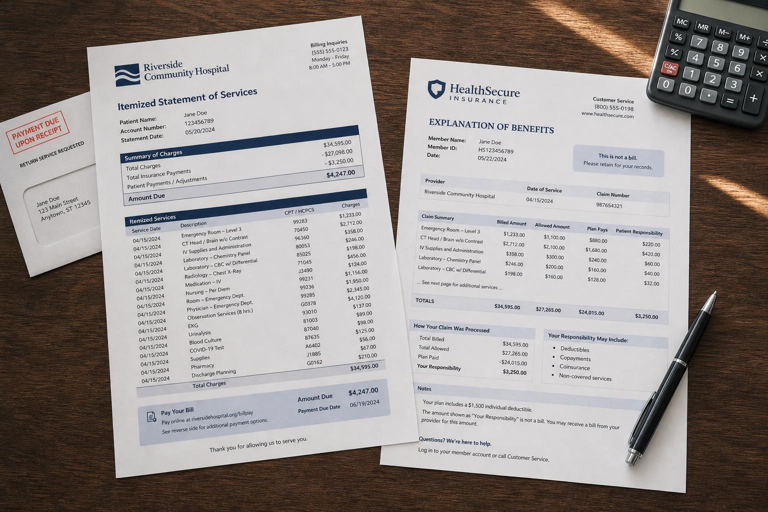 An itemized hospital bill and an insurance explanation of benefits on a table with a calculator