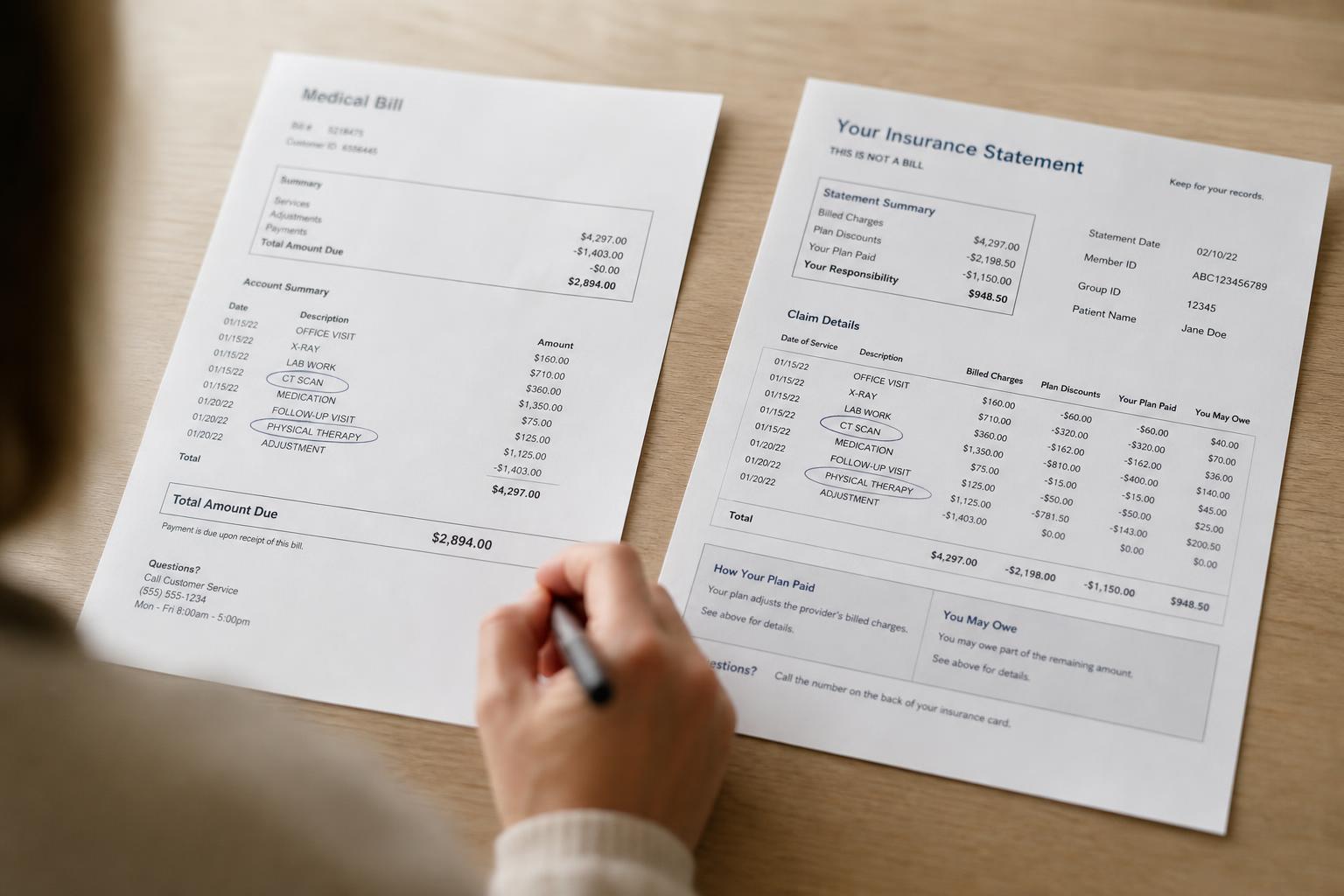 A person's hand comparing a medical bill and an insurance statement, lines marked