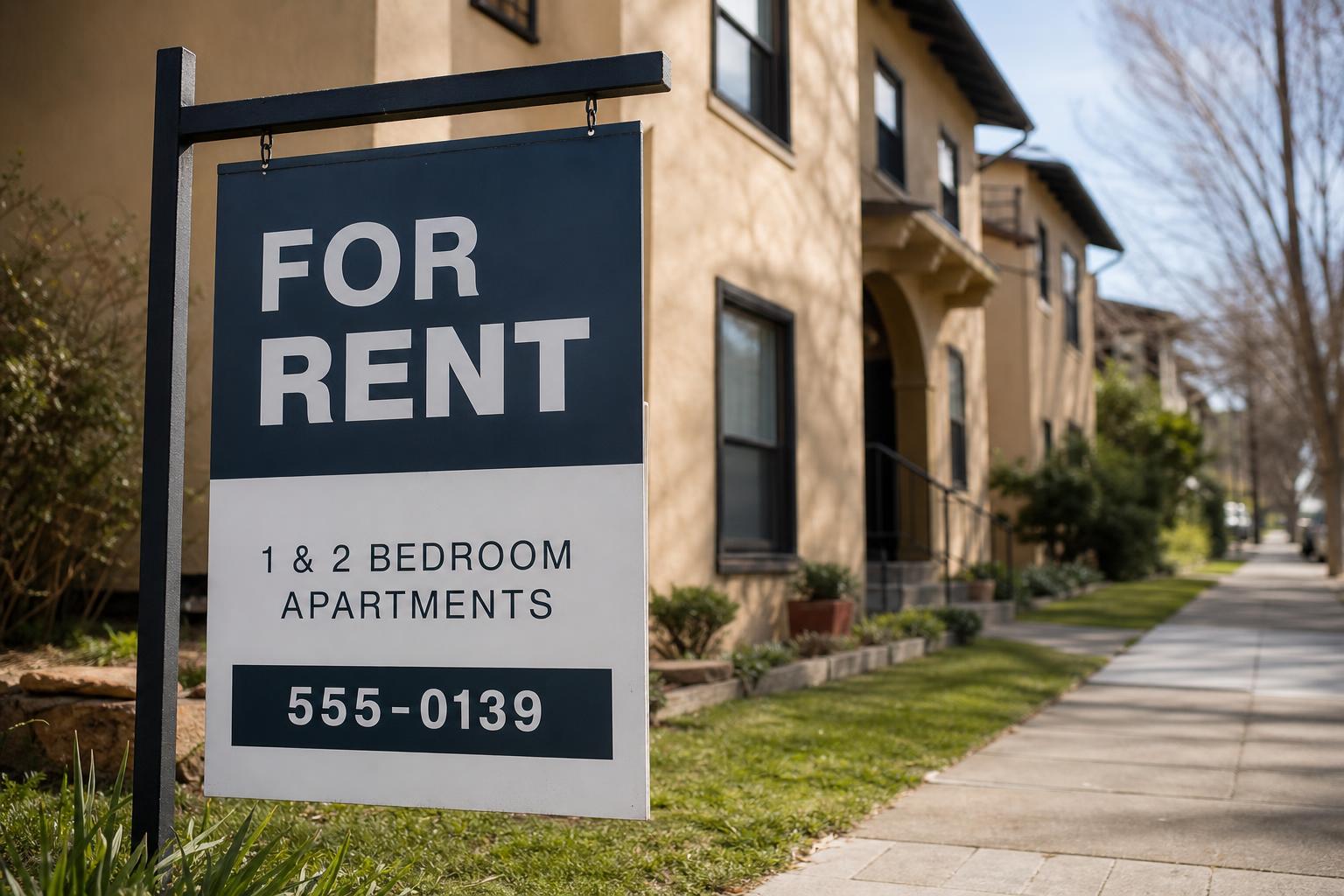 A for-rent sign outside an apartment building on a sunny street
