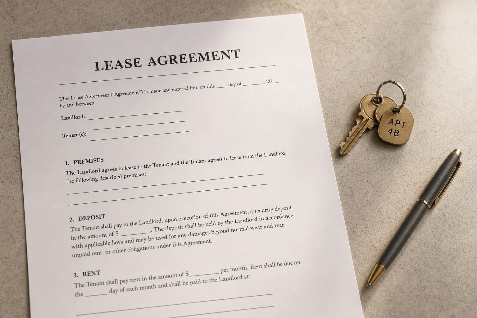 A lease agreement showing deposit and rent terms, beside a pen and keys
