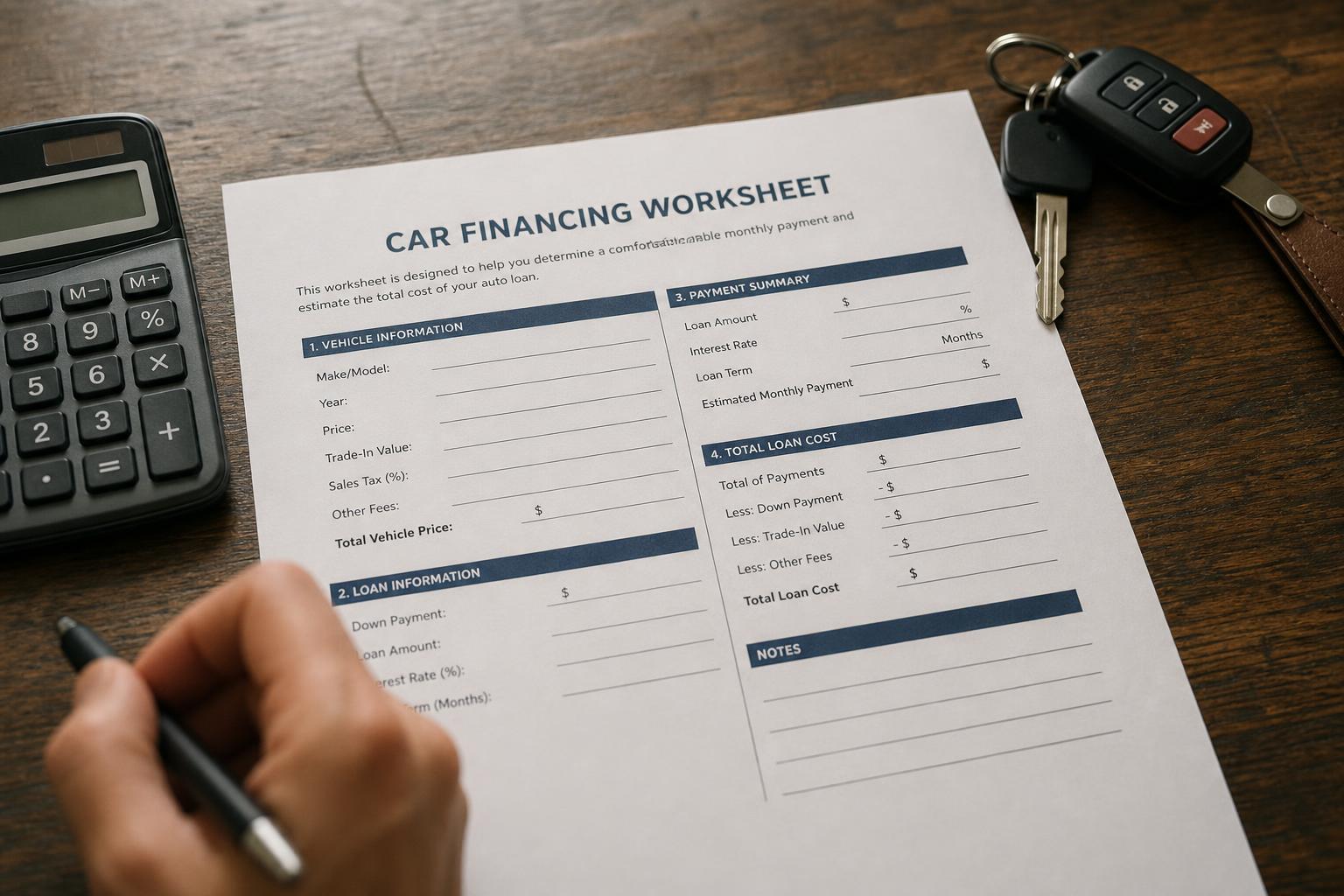 A car-financing worksheet on a desk with a calculator and car keys