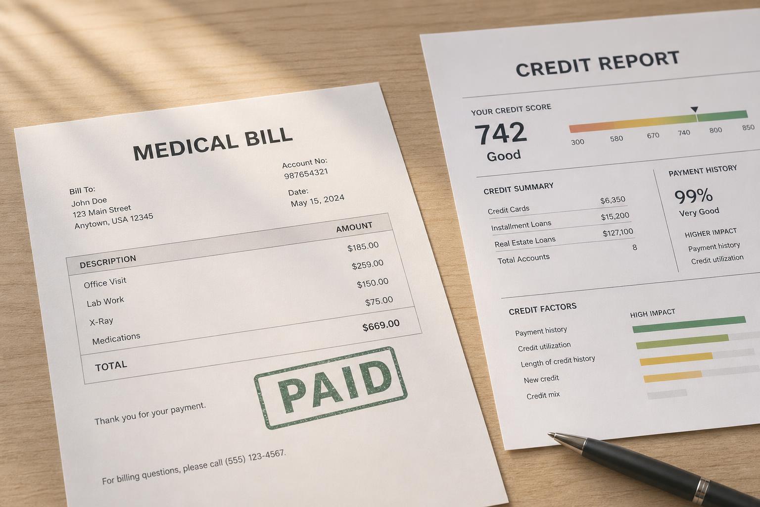 A paid medical bill marked paid beside a credit report on a desk