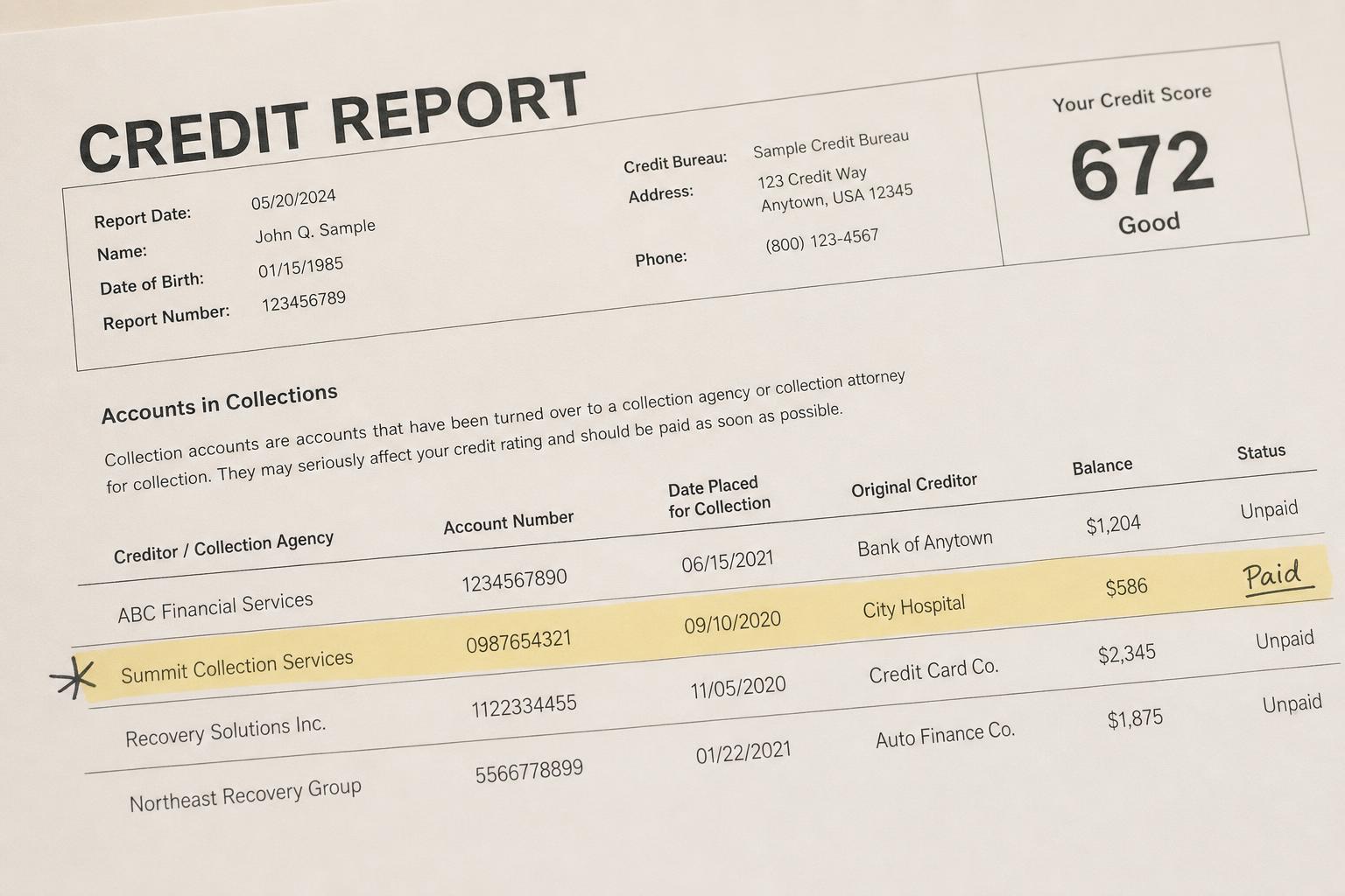A credit report with a medical collection line marked paid and highlighted