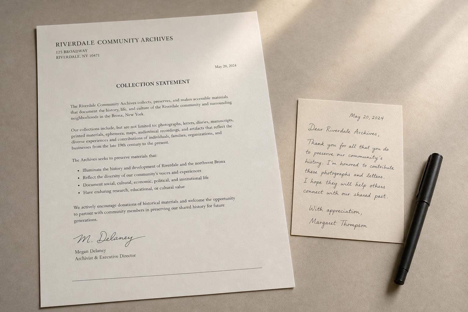 A collection statement and a handwritten note beside a pen on a desk