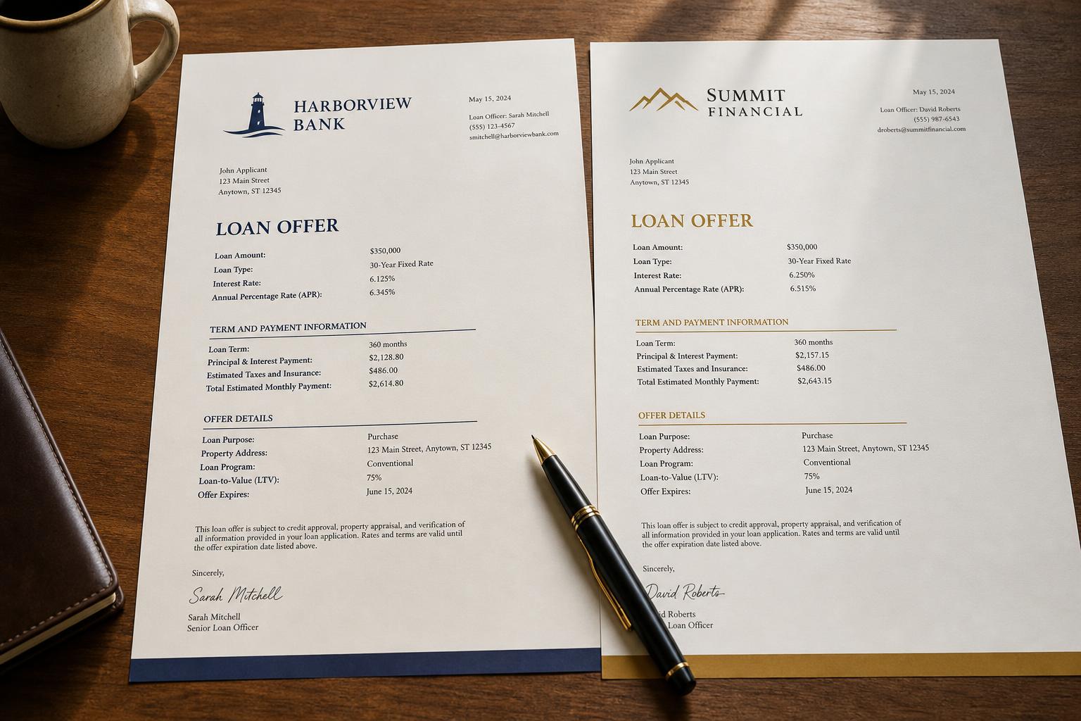 Two loan offer letters side by side for comparison, with a pen