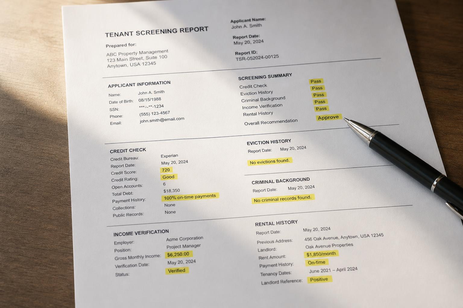 A printed tenant screening report on a desk with several sections highlighted and a pen