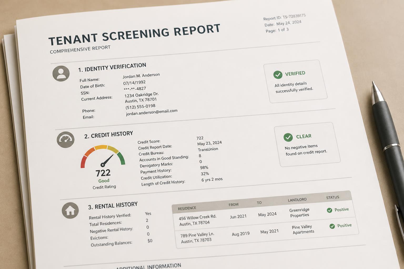 A close-up of a tenant screening report showing identity, credit, and rental-history sections