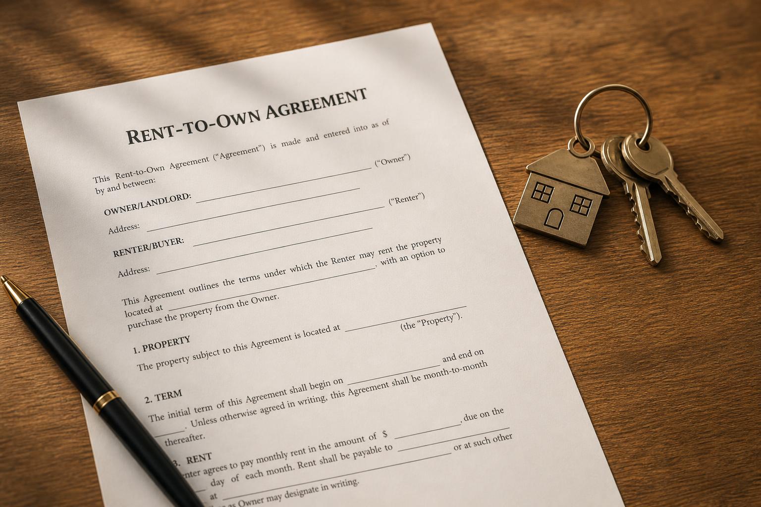 Un contrato de alquiler con opción a compra y un juego de llaves de casa sobre una mesa con un bolígrafo