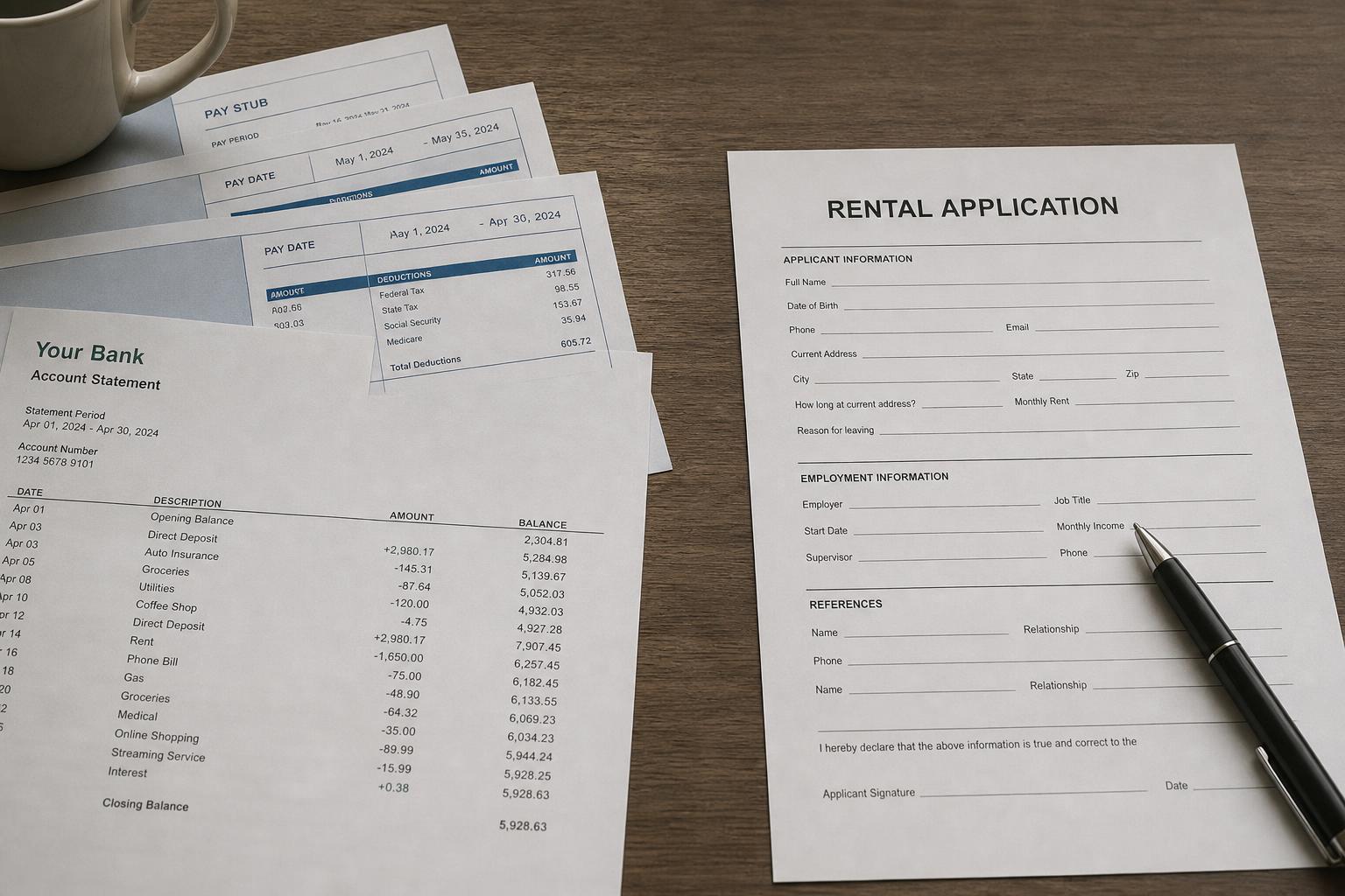 Pay stubs and a bank statement beside a rental application on a desk
