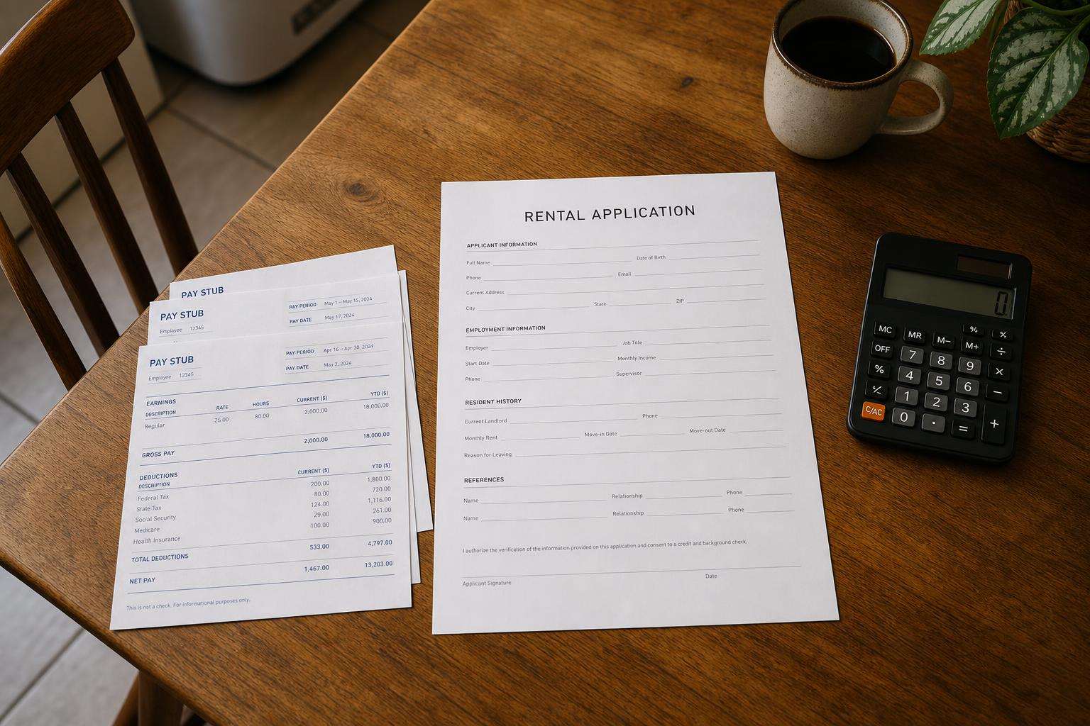 A rental application, pay stubs, and a calculator on a kitchen table