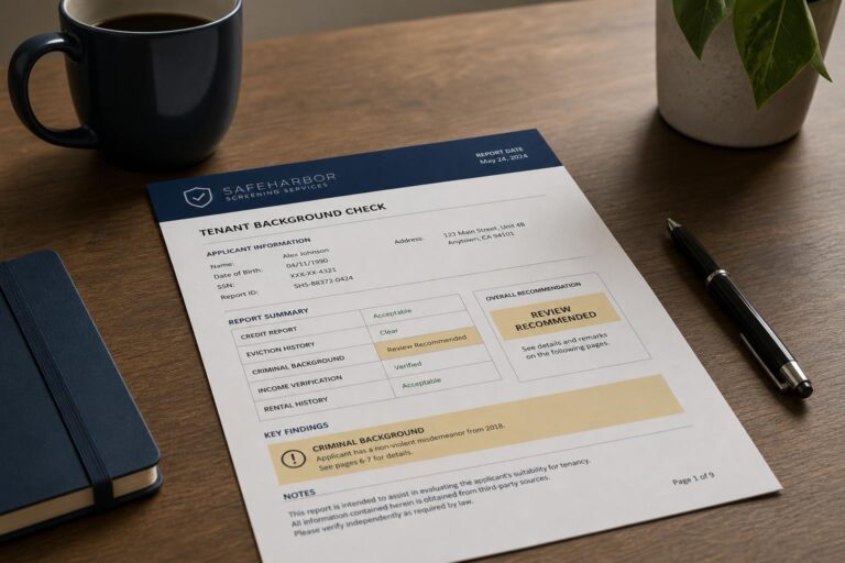 A tenant background-check report on a desk with sections highlighted