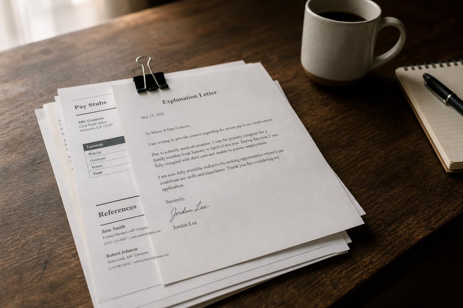 An explanation letter clipped to supporting pay stubs and references