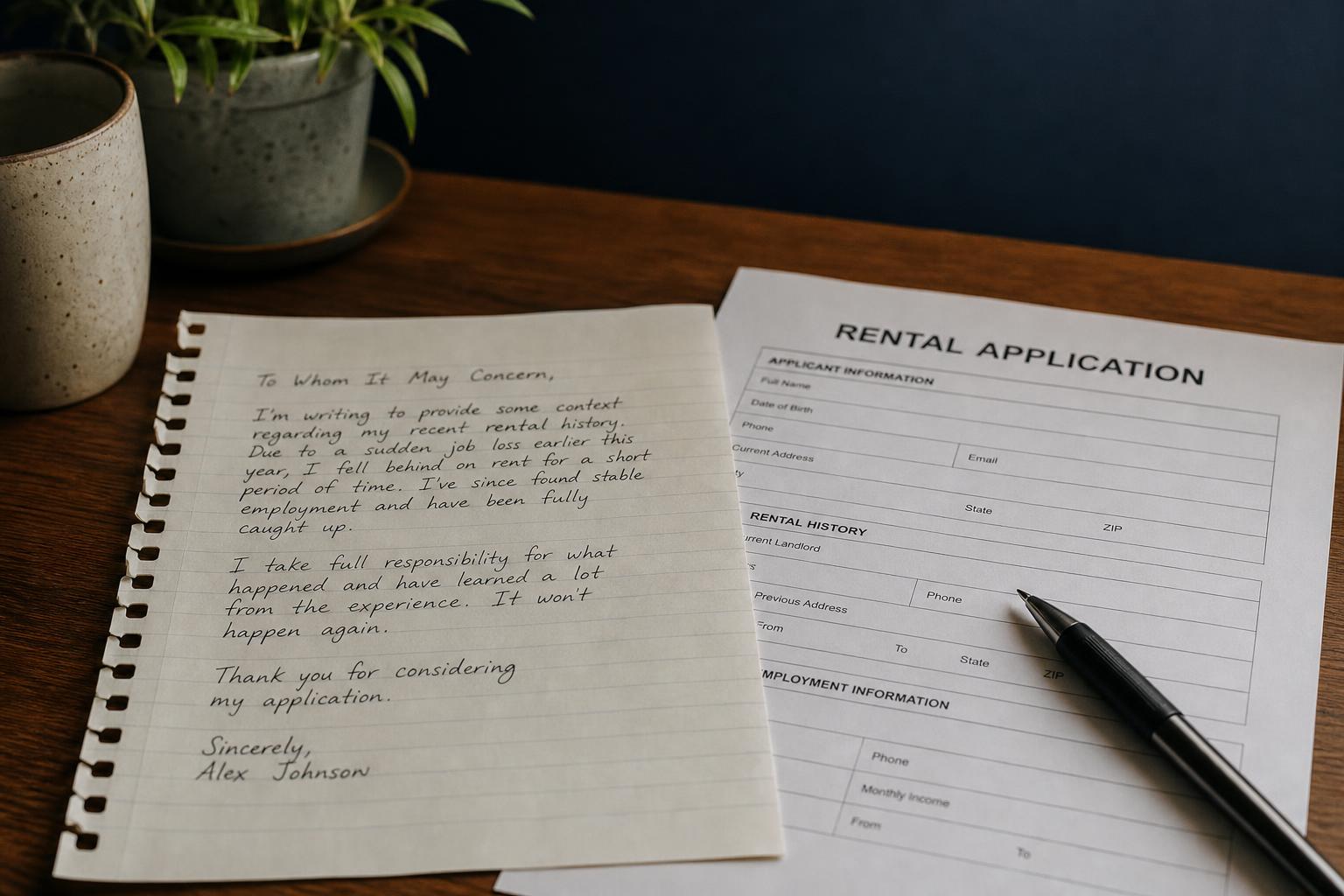 A handwritten letter of explanation beside a rental application and a pen