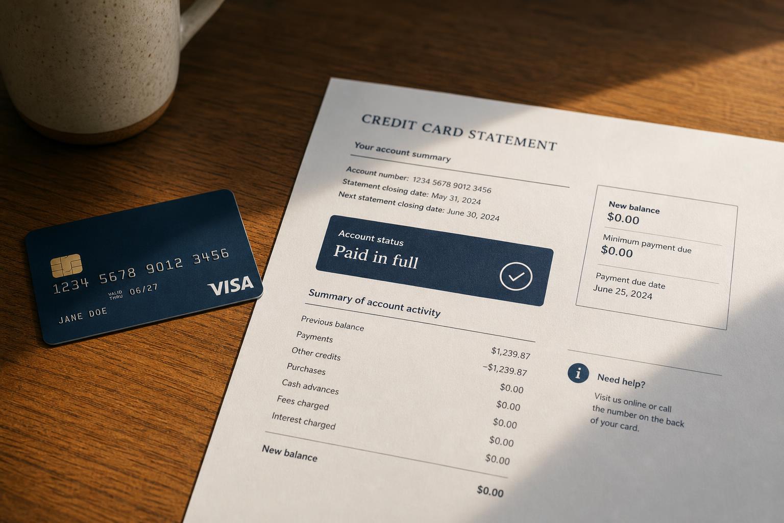 A paid-in-full credit card statement beside a credit card