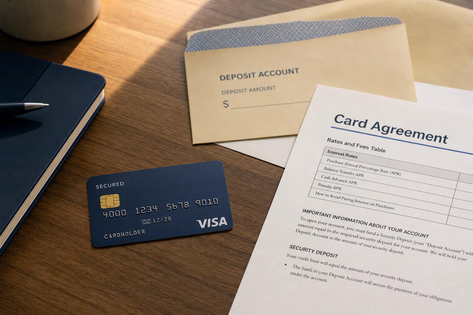 A secured credit card beside a deposit envelope and a card agreement on a desk