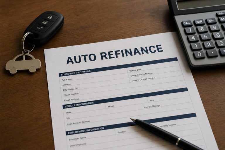 An auto refinance document beside car keys and a calculator