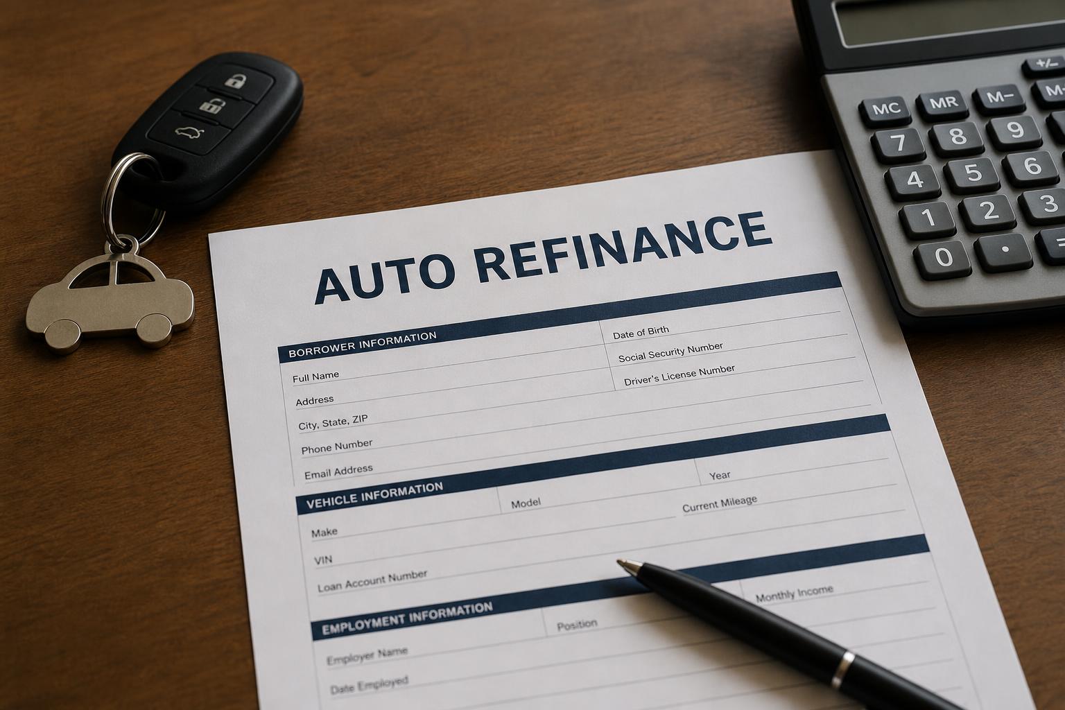 An auto refinance document beside car keys and a calculator