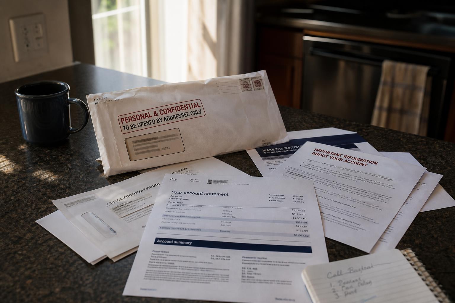 Suspicious mail and statements spread on a kitchen counter