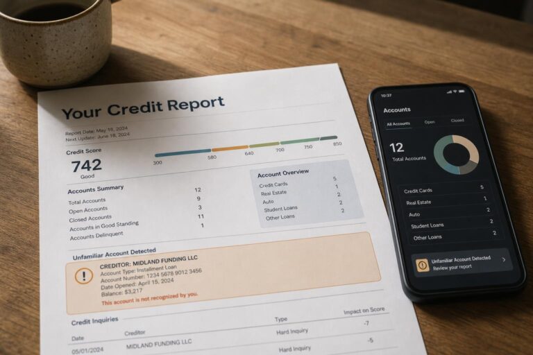 A credit report with an unfamiliar account highlighted, beside a phone