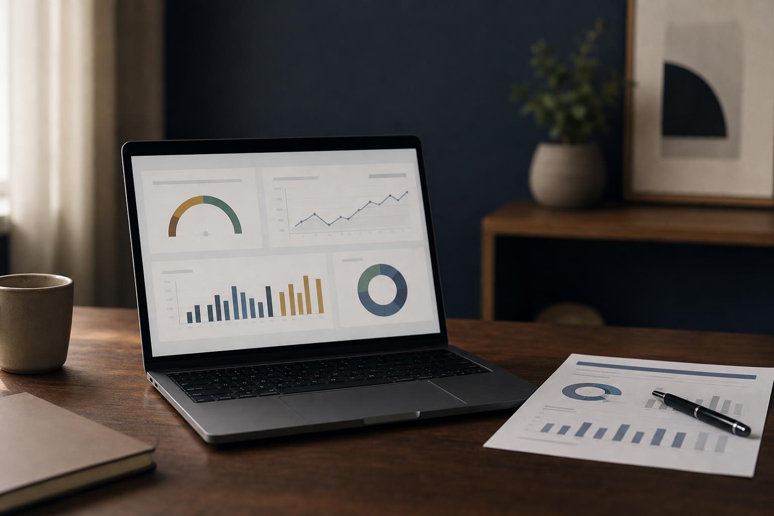 A laptop showing a generic credit dashboard beside a printed report, no readable text