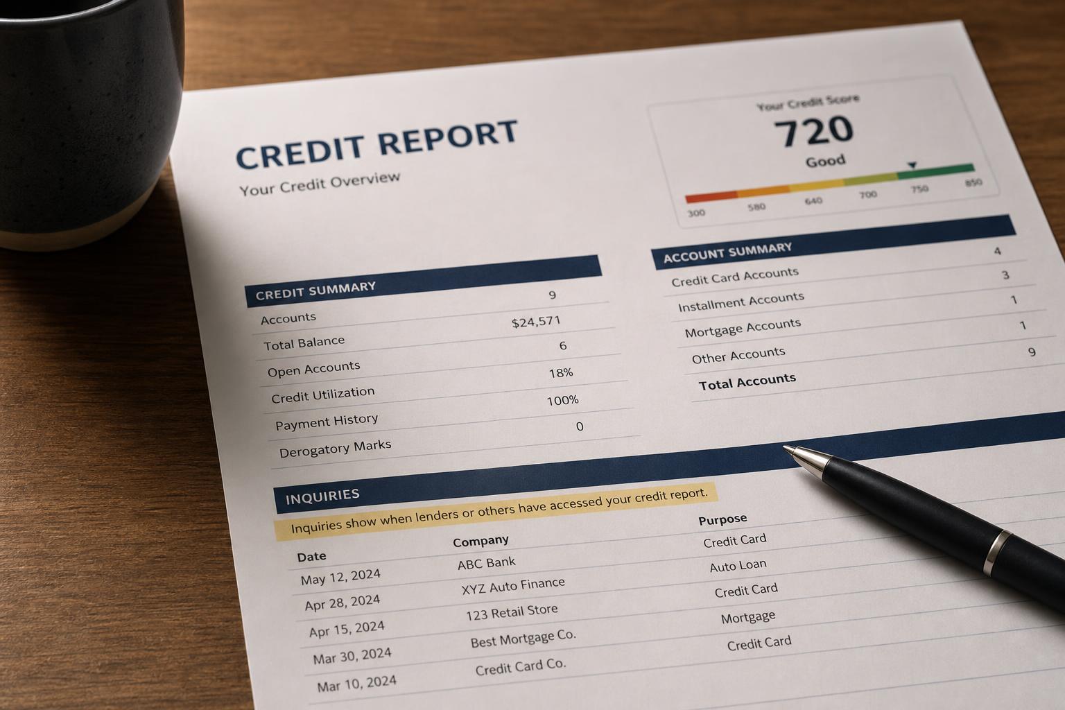 The inquiries section of a printed credit report highlighted, with a pen