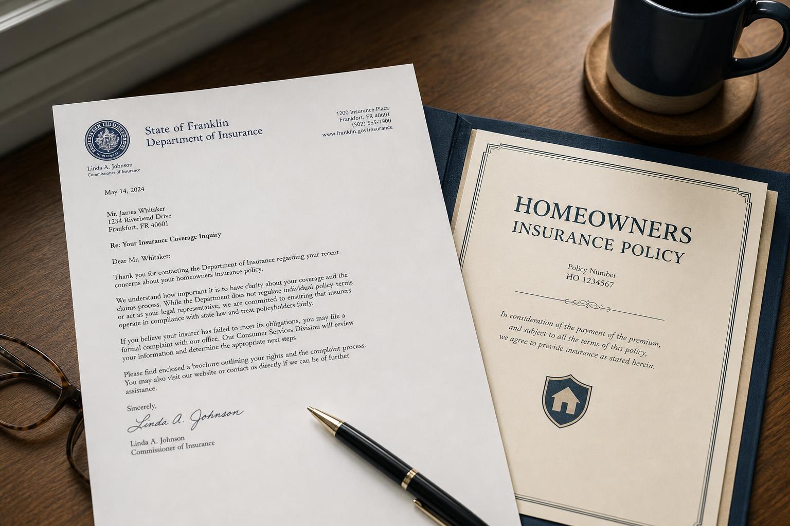 A state insurance-department letter beside an insurance policy