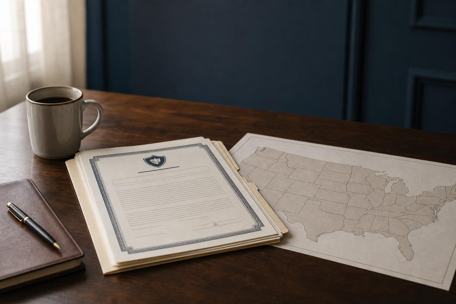 An insurance policy document on a desk beside a plain U.S. map, no readable text