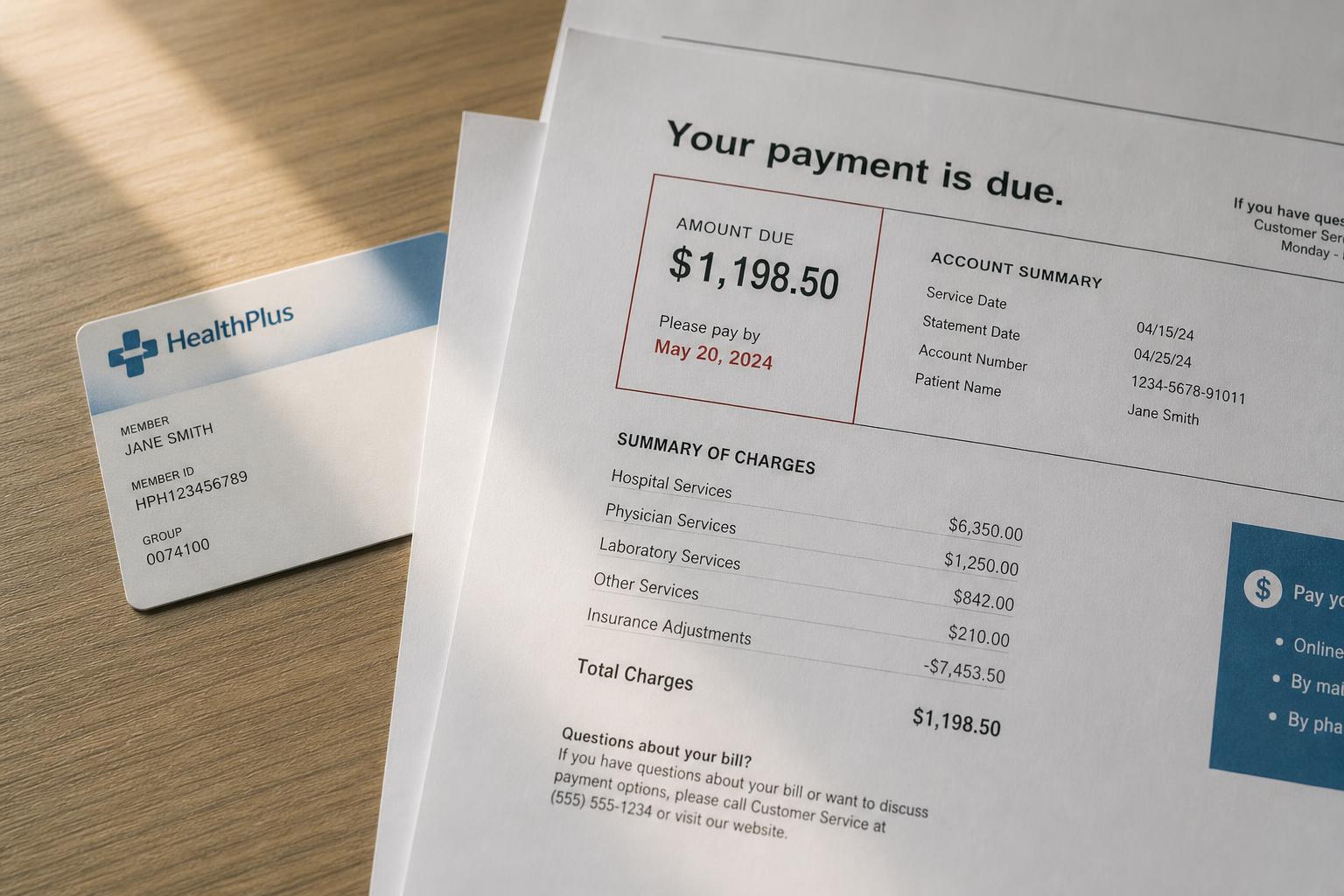 An unexpected out-of-network medical bill on a table beside an insurance card