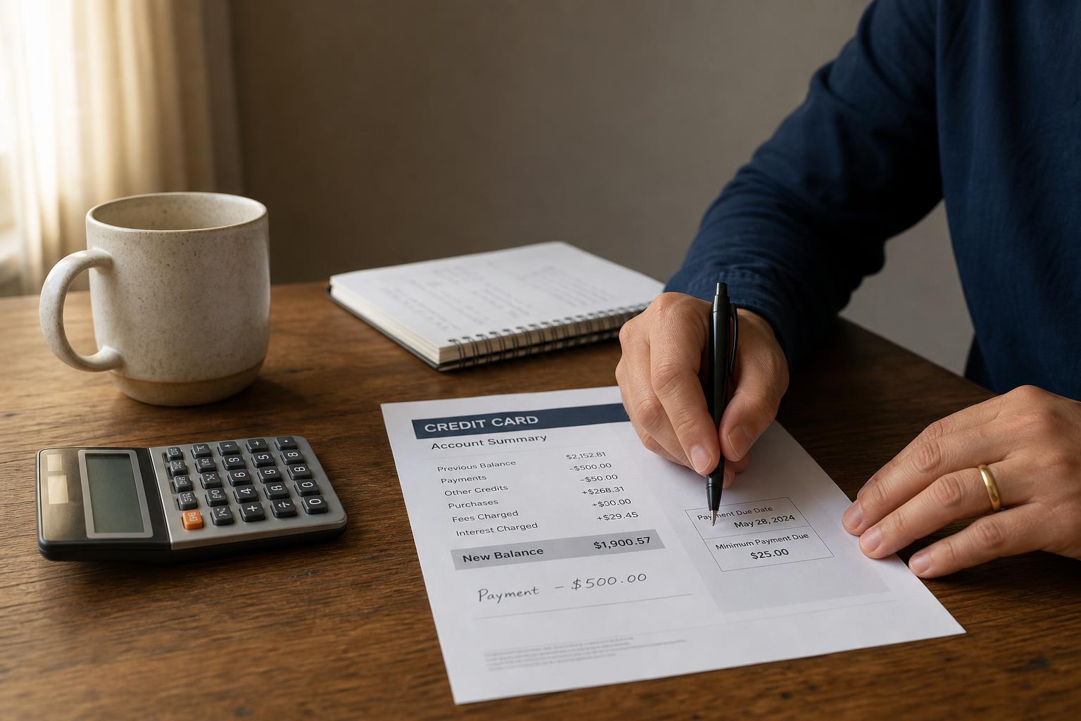 Una mano pagando el saldo de una tarjeta de crédito con una calculadora al lado