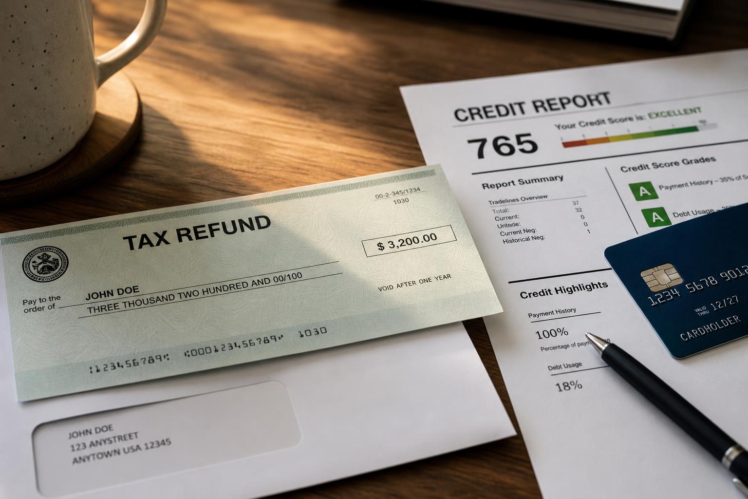 A tax refund document beside a credit card and a credit report on a desk