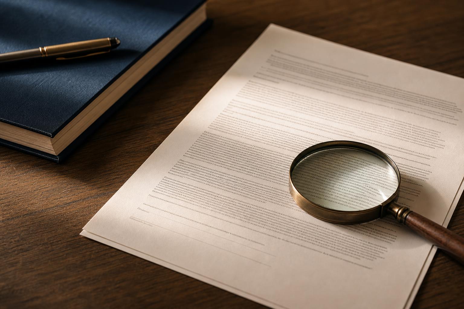 A contract with dense fine print and a magnifying glass, no readable text