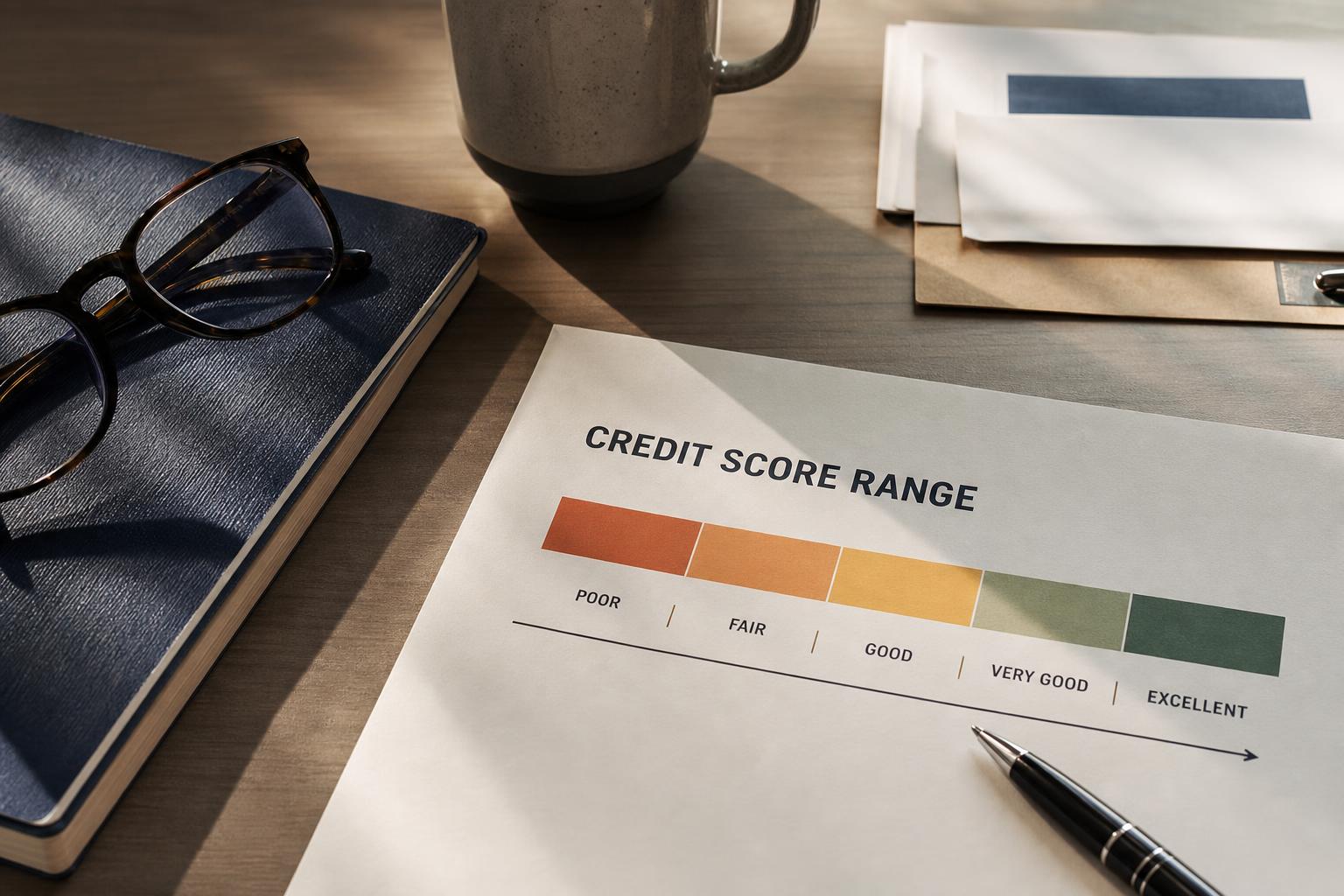A credit-score range chart from poor to excellent on a desk, no readable numbers