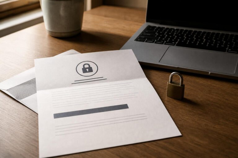 A data-breach notification letter beside a laptop and a small padlock, no readable text