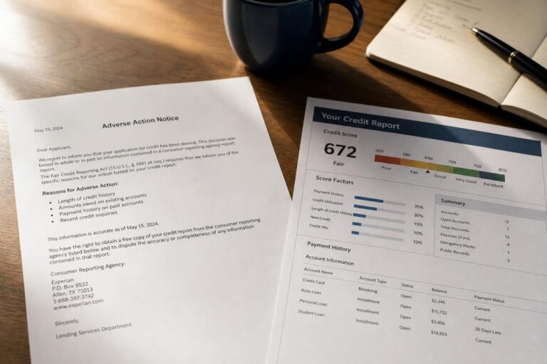 A loan adverse-action denial letter beside a credit report on a desk