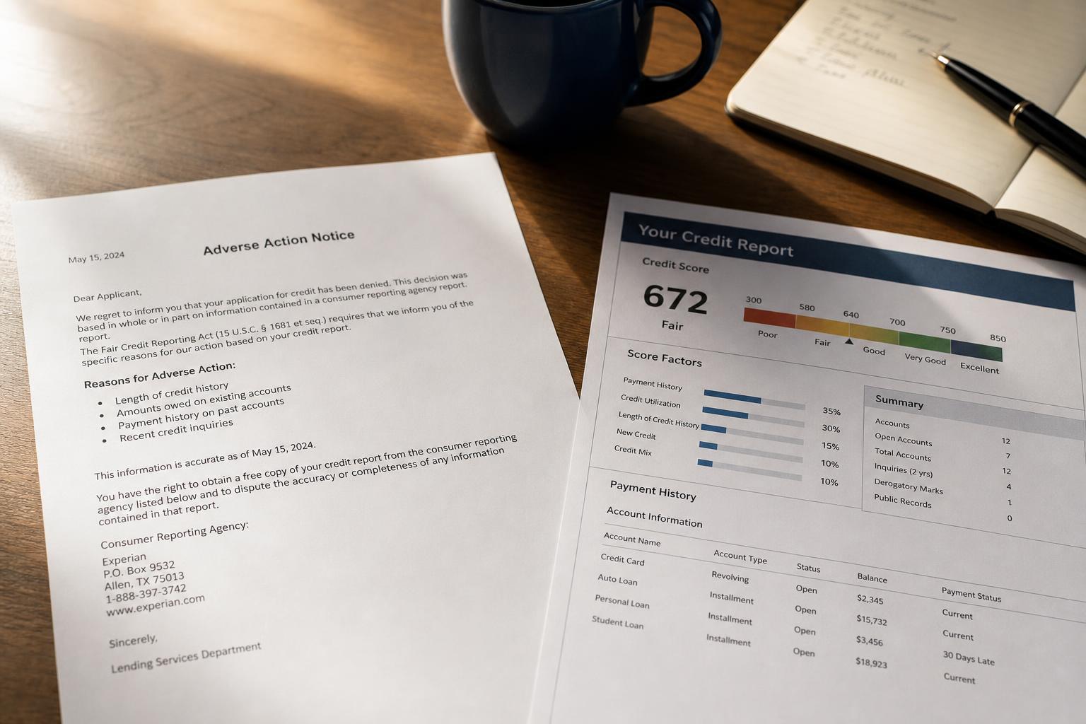 A loan adverse-action denial letter beside a credit report on a desk