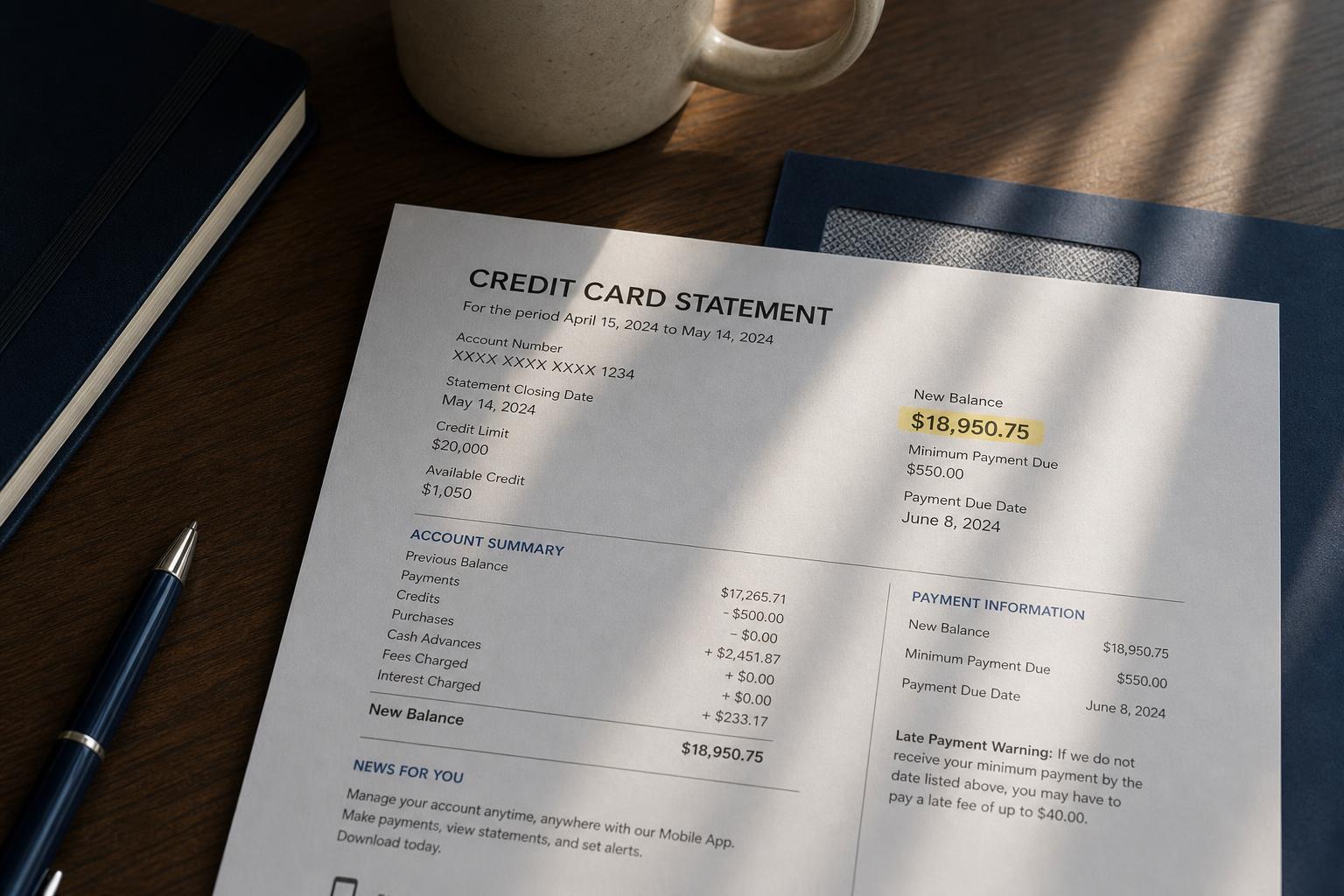 A credit card statement with a high balance highlighted in yellow