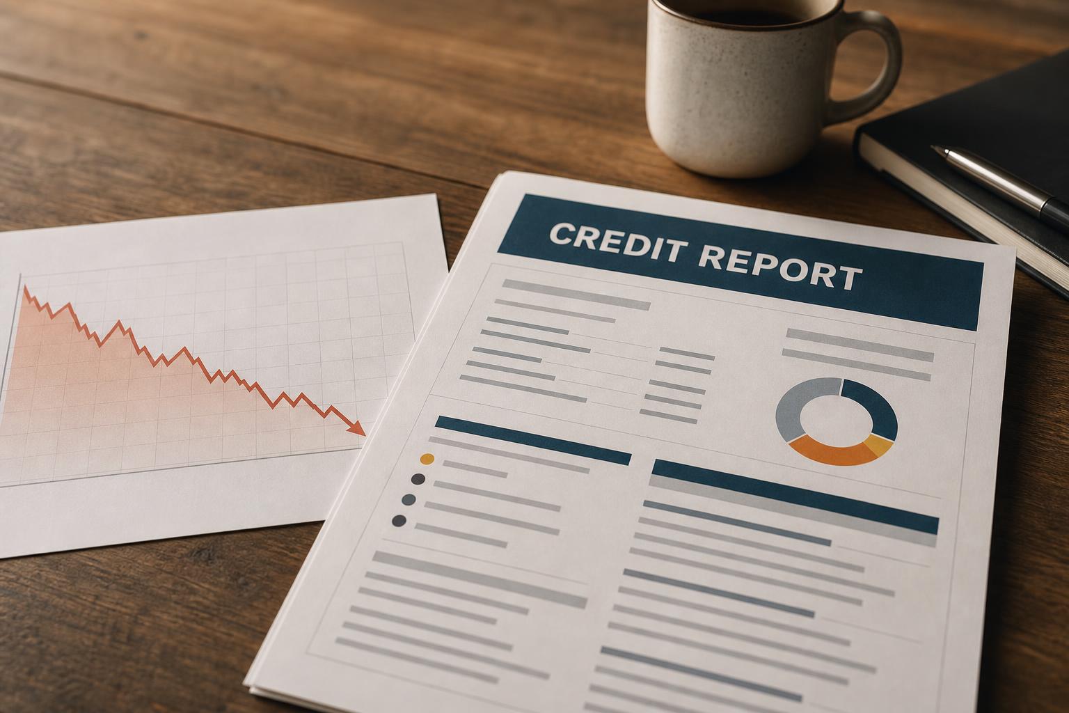 A credit report beside a downward score-trend chart, no readable numbers