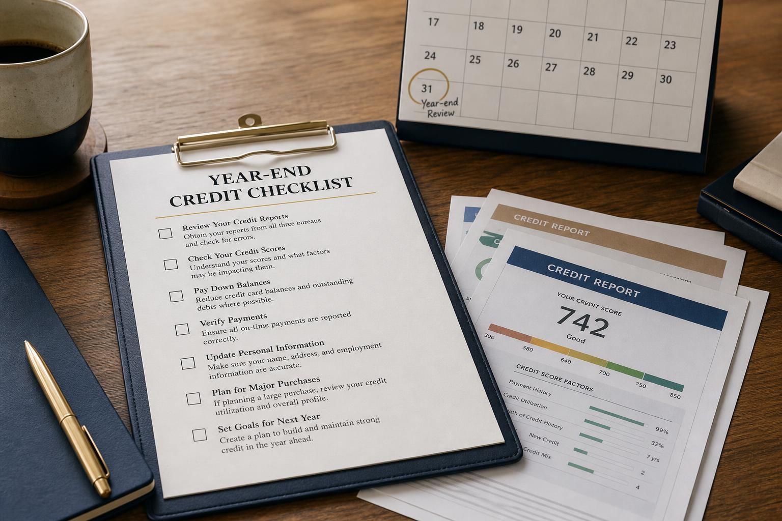 A year-end credit checklist on a clipboard beside credit reports and a calendar