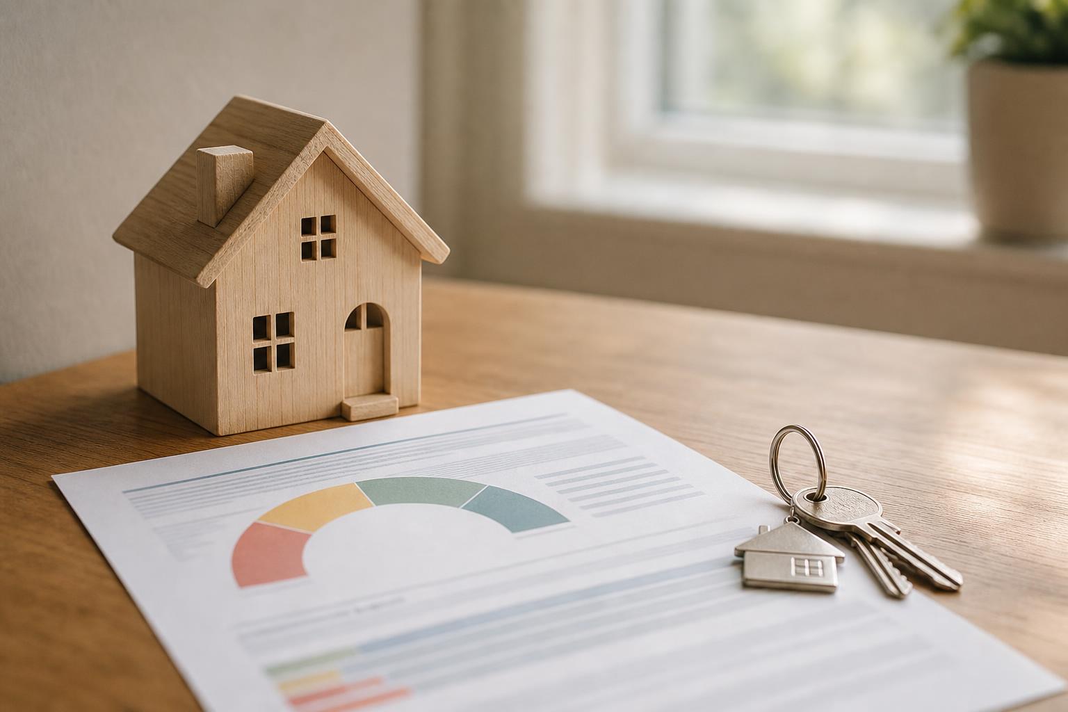 A small model house beside a printed credit report and house keys on a warm wooden desk