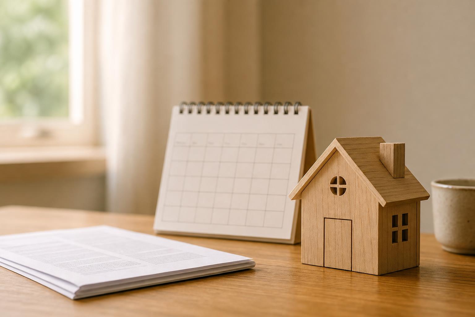A small model house beside a desk calendar and a folded mortgage document on a warm wooden desk
