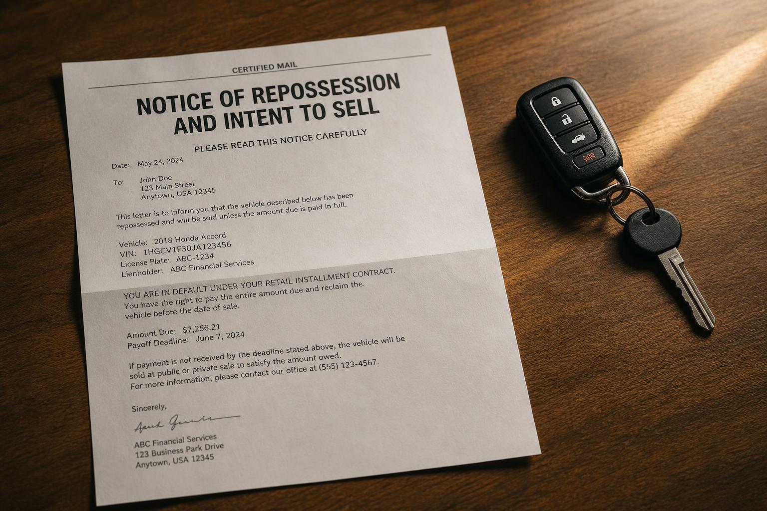 A repossession sale notice and a single car key on a warm wooden desk